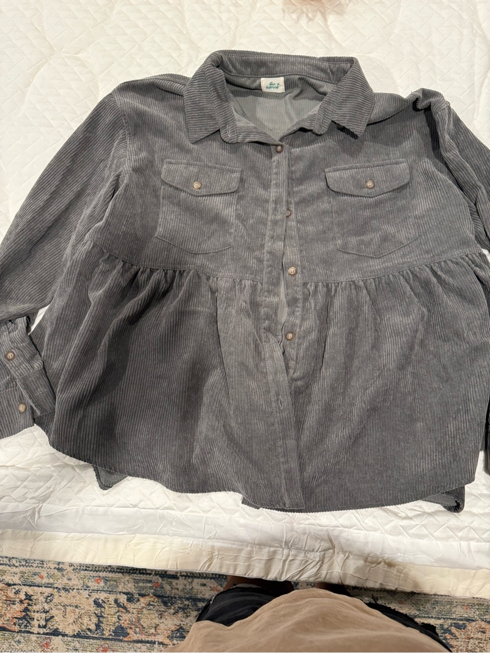 Corduroy Button-Front Peplum Shirt - Gray